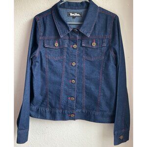 Yom Yom Sz Large Denim Jacket Dark Wash Button Down Stretch Y2K Contrast Stitch